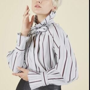 ODEEH High Collar Tie Neck Pleated Cuff Button Up Blouse White Red Navy Blue